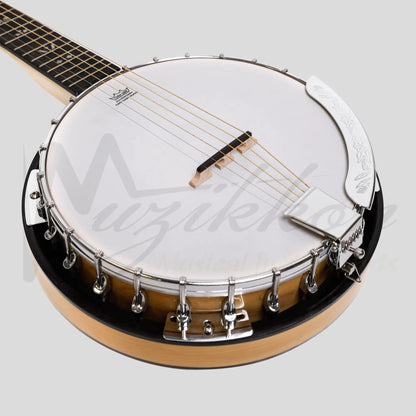 Heartland 6 String Deluxe Irish Banjo Left Handed 24 Bracket With Closed Solid Back Maple Finish