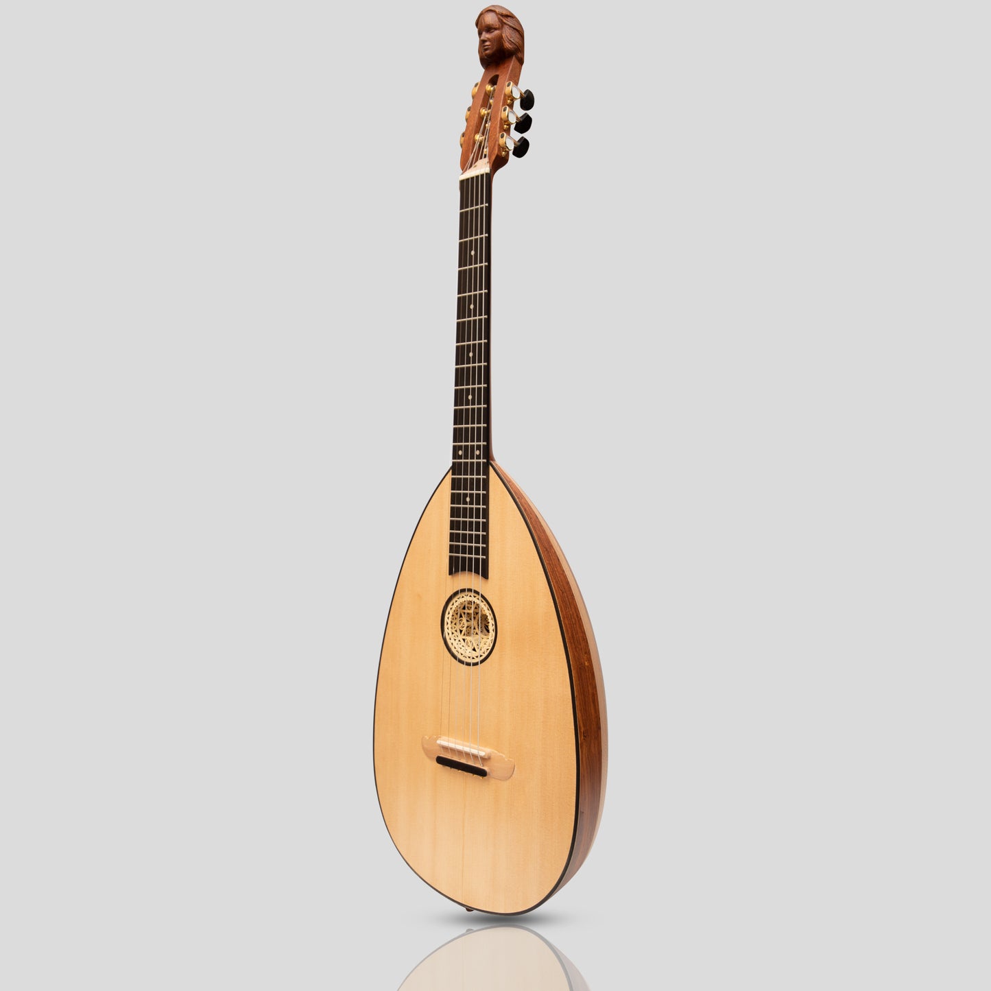 Muzikkon Liuto Guitar, 6 corde in acciaio Variegated Lacewood Palissandro Mancino